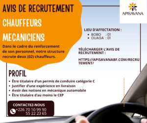 AVIS DE RECRUTEMENT DE DEUX (02) CHAUFFEURS MÉCANICIENS
